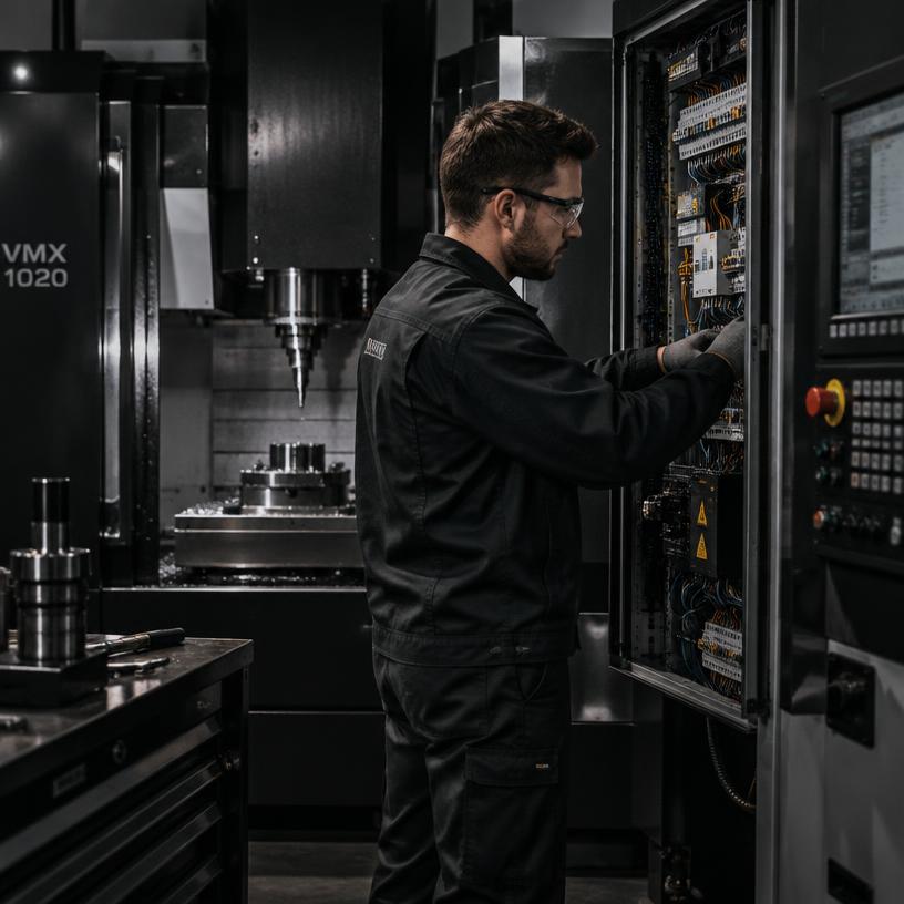 Technician working on internal CNC control panels